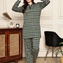 Kanvin Women Green Geometric Full Sleeves Night Suit-image-4