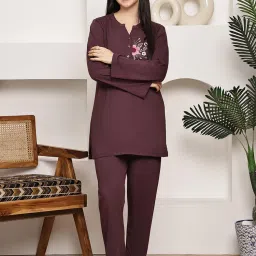 Kanvin Women Maroon Embroidered Full Sleeves Night Suit-picture-10