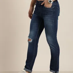 HERE&NOW Men Slim Fit Mildly Distressed Light Fade Stretchable Mid-Rise Jeans image 5