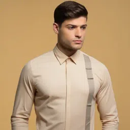 HE SPOKE Beige Cotton Lycra Tailored fit Solid Casual Shirt-image-11