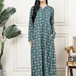 Kanvin Women Teal Floral Printed Full Sleeves Long Nighty-image-79