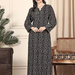 Kanvin Women Black Geometric Full Sleeves Long Nighty-image-27