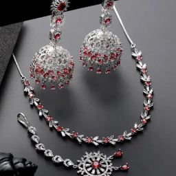 Aatmana Silver-Plated Ruby American Diamond Studded Handcrafted Necklace Set with Maang Tikka-picture-39