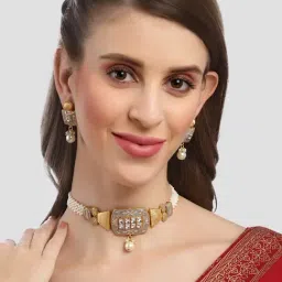 Karatcart Grey Meena Pearl Beaded Choker Necklace Set-image-0