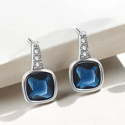 MYKI Stainless Steel Silver Plated Cubic Zirconia Studded Square Shaped Drop Earrings image 3