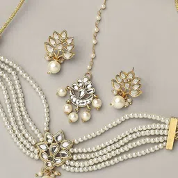 fabula Kundan Stone-Studded & Pearls Beaded Multi Layer Choker Jewellery Set-picture-42