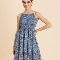Moomaya Blue & White Floral Print Fit & Flare Dress-image-36