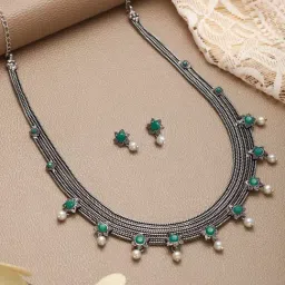 Aatmana Oxidised Silver-Tone Green Stone Studded & Pearl Beaded Necklace Set-image-33