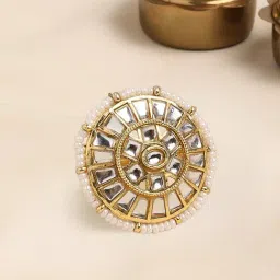 Oomph Gold Kundan Jadau Ethnic Floral Design Adjustable Cocktail Ring-picture-15