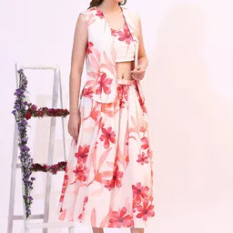 W Floral Printed Pure Cotton Crop Top & Jacket With Skirt Co-Ords image 2
