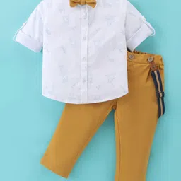 ToffyHouse Cotton Full Sleeves Bear Printed Shirt & Pant Set with Bow Tie & Suspenders - White & Yellow Gold-image-12