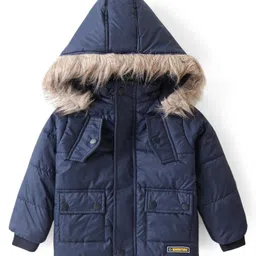 Babyhug Full Sleeves Padded Quilted Jacket with Detachable Hood Solid Colour - Navy Blue-picture-26