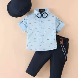 Robo Fry CottonWoven Full Sleeves Car Printed Shirt & Trouser Set with Hat Bow & Suspender - Blue-picture-20