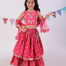 lil' drama Lil Drama Cotton Sleeveless Floral Printed & Embroidered Lehenga Choli With Net Dupatta Set - Red-picture-23