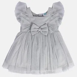 MINI KLUB Cotton Sleeveless Frill & Bow Applique Detailed Glitter Printed Dress - Grey-picture-34