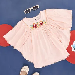 Pantaloons Junior Rayon Half Batwing Sleeves Squirrel & Floral Embroidered Lace Embellished Kaftan Style Top - Peach-image-90