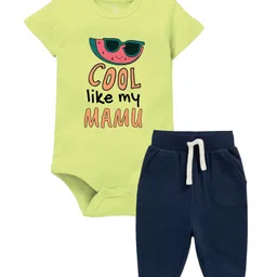 Zeezeezoo 100% Cotton Half Sleeves Cool Like My Mamu Text Printed Onesie With Joggers Set - Neon & Navy Blue-picture-20