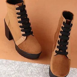 Shoetopia Colour Blocked Lace Up Boots - Tan-picture-22