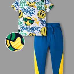 OLLINGTON ST. Cotton Half Sleeves Printed T-Shirt & Joggers Set - White & Teal Blue-picture-24