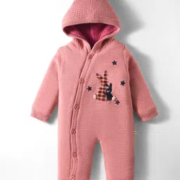 Yellow Apple Knit Full Sleeves Winter Wear Hooded Romper With Bunny Embroidery - Pink-picture-27