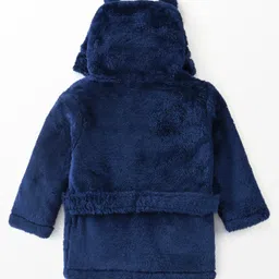 Babyhug Knit Full Sleeves Solid Color Velour Bath Robe with Hood - Navy Blue image 2
