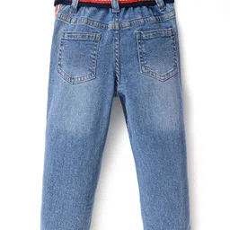Babyhug Cotton Full Length Stretchable Denim Washed Jeans with Cut & Sew Design & Side Tape Detailing - Blue image 2