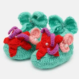 MayRa Knits Pack Of 2 Hand Knitted Ocean Theme & Pom Pom Crochet Booties - Green & Pink image 3