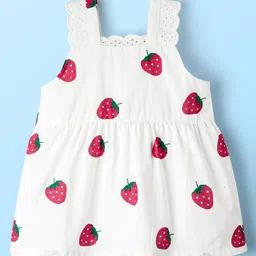 Babyhug Cotton Woven Sleeveless Top & Denim Shorts Set with Strawberry Print - White & Blue image 2