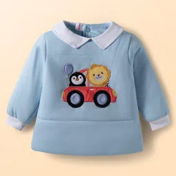 Babyhug Knit Full Sleeves Winter Wear T-Shirt & Lounge Pant Set With Cap Stripes & Car Print - Light Blue image 2
