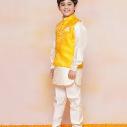 AJ Dezines Full Sleeves Solid Curved Hem Detailed Kurta & Pyjama With Seamless Motif Designed Waistcoat - Mustard Yellow & Cream image 5