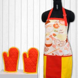 Swayam Off White & Yellow Kitchen Apron with Oven Gloves - Set of 1-image-87