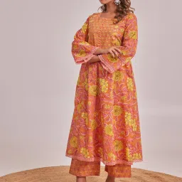 tara-c-tara Tara C Tara Orange Floral Hand Block Printed Comfort Fit Co-ord Set image 5