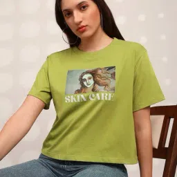 Globus Women Green Graphic Print Round Neck Drop Shoulder Sleeves Oversized Crop T-Shirt-image-51