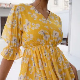 Janasya Yellow Floral Print A-Line Dress image 5