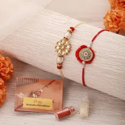 Saraf RS Jewellery Set Of 2 Kundan Studded & Pearl Beaded Traditional Thread Rakhi With Roli Tilak-picture-30