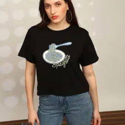 Globus Women Black Graphic Print Round Neck Drop Shoulder Sleeves Oversized Crop T-Shirt-picture-19