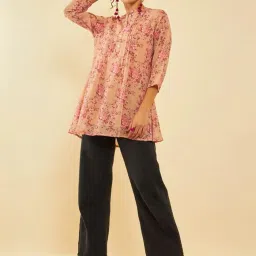 Soch Beige Georgette Floral Printed Mandarin Collar A-Line Tunic image 5