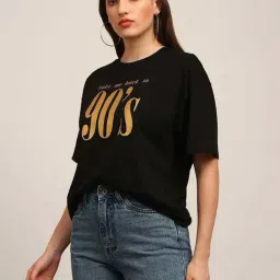 Globus Women Black Graphic Print Round Neck Drop Shoulder Sleeves Oversized T-Shirt image 3