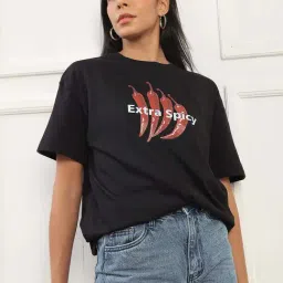 Globus Women Black Round Neck Drop Shoulder Sleeves Graphic Print Oversized T-Shirt-picture-22