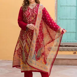 GoSriKi Floral Printed V-Neck Straight Kurta with Trousers And Dupatta-picture-14