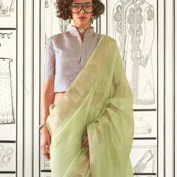 Vardha Light Green Striped Saree With Unstitched Blouse image 5
