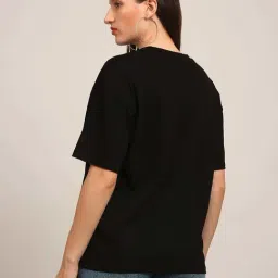 Globus Women Black Graphic Print Round Neck Drop Shoulder Sleeves Oversized T-Shirt image 2