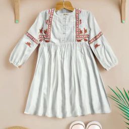 Bella Moda Girls White Cotton Three Fourth Sleeves Floral Embroidered Knee Length Dress-picture-22