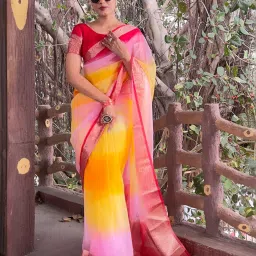Satrani Yellow & Pink Woven Saree With Unstitched Blouse image 5