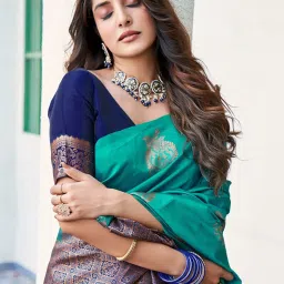 Satrani Teal Green Silk Woven Saree With Unstitched Blouse image 5