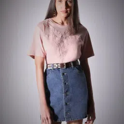 Vero Moda Dusty Pink Cotton Self Design T-Shirt-image-71