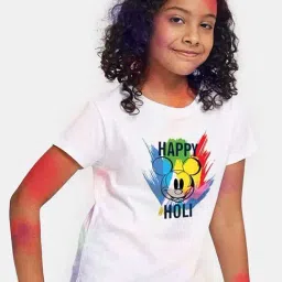 Bonkids White Cotton Disney Mickey Holi Printed T-Shirt-image-92