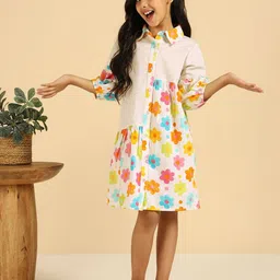 Bugandbees Girls Floral Printed Puff Sleeve Shirt Midi Dress-picture-27