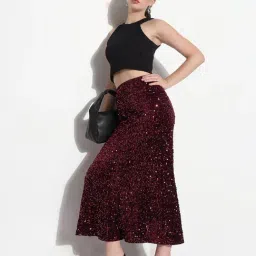 SHOWOFFFF Maroon Embellished Skirt image 5