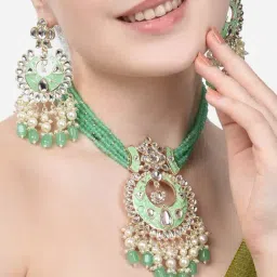 Zaveri Pearls Green Meenakari Multistrand Crystals Kundan Necklace & Earring Set-ZPFK14643-picture-27